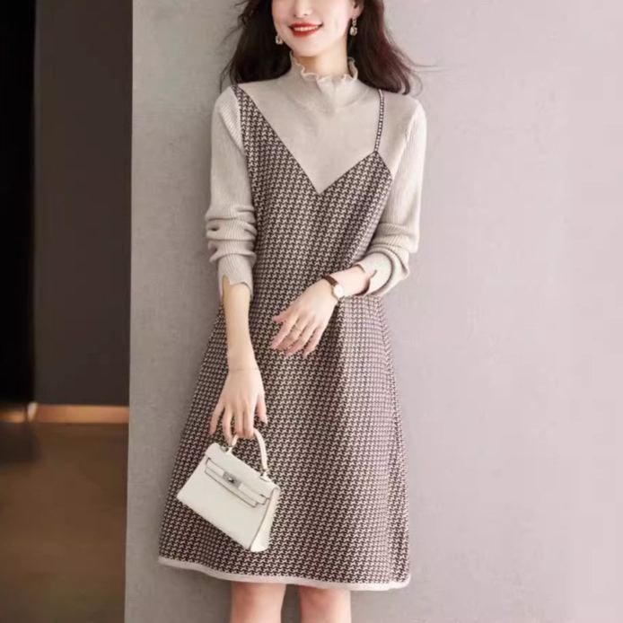 千鳥格內搭針織中長打底裙法式洋裝
