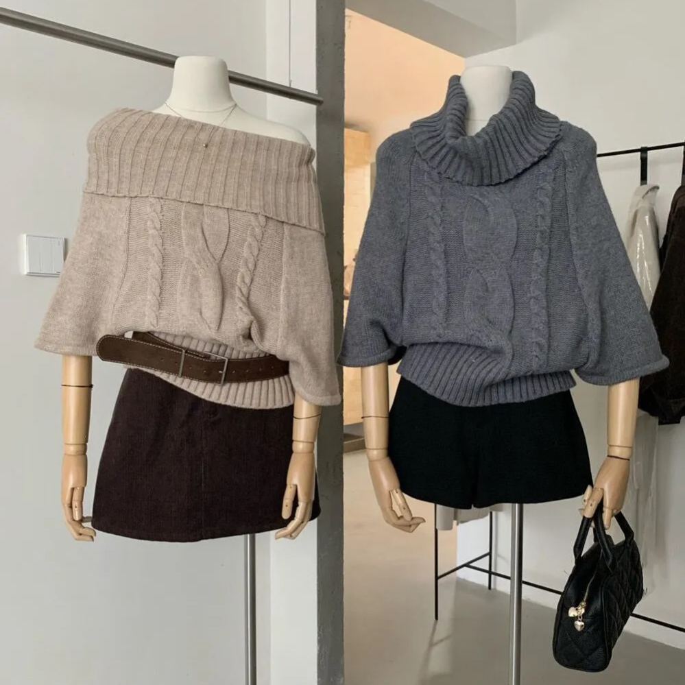 麻花斗篷氛圍針織衫復古寬鬆中袖高領毛衣