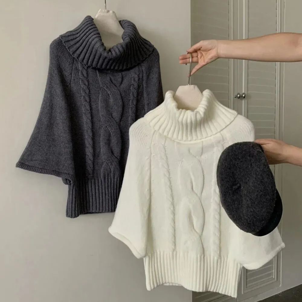 麻花斗篷氛圍針織衫復古寬鬆中袖高領毛衣