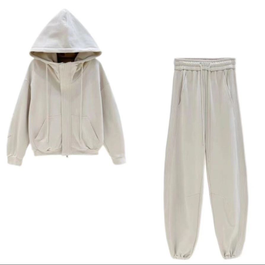 【整套】加厚刷毛時尚長袖連帽外套+休閒束脚褲兩件套裝