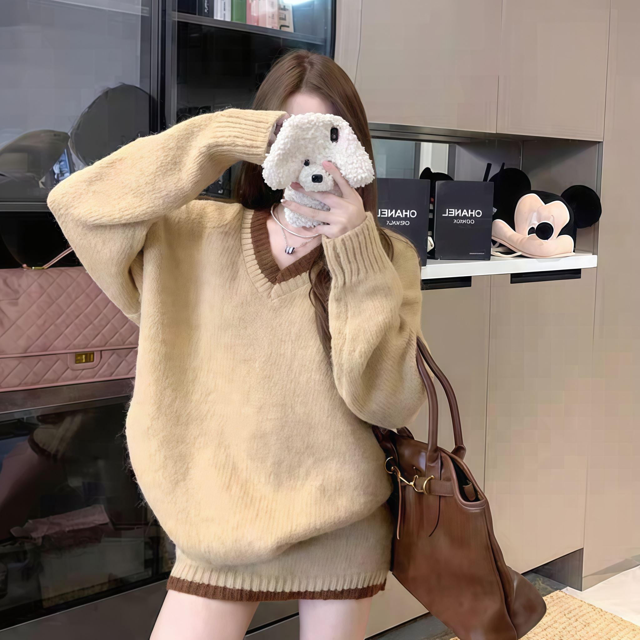 【整套】美拉德氛圍感小香風寬鬆毛衣+韓系辣妹包臀短裙兩件套