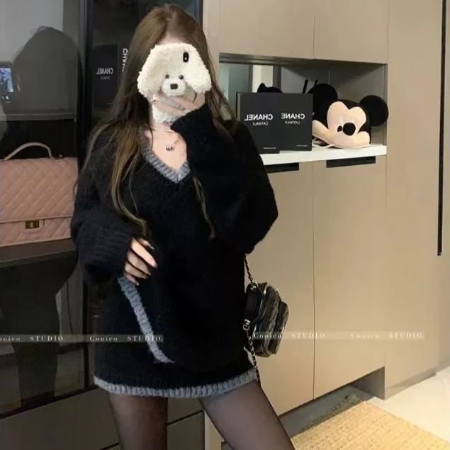 【整套】美拉德氛圍感小香風寬鬆毛衣+韓系辣妹包臀短裙兩件套