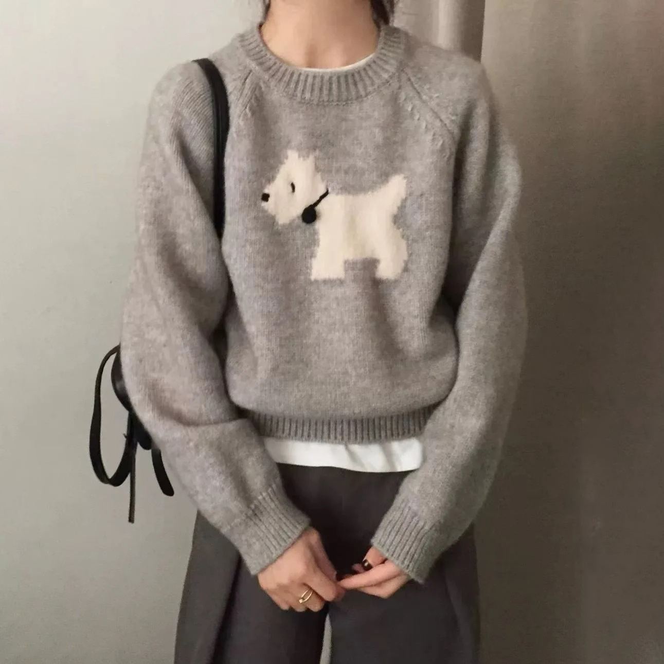 韓系寬鬆短版軟糯圓領狗狗提花針織毛衣