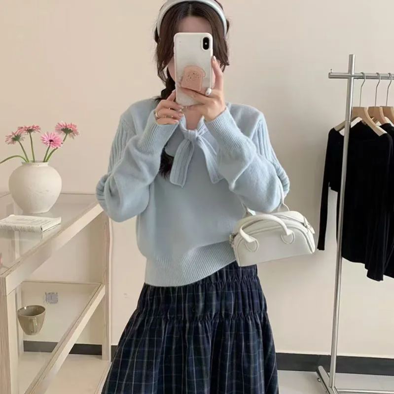 新款小香風立體蝴蝶結溫柔軟糯百搭針織衫