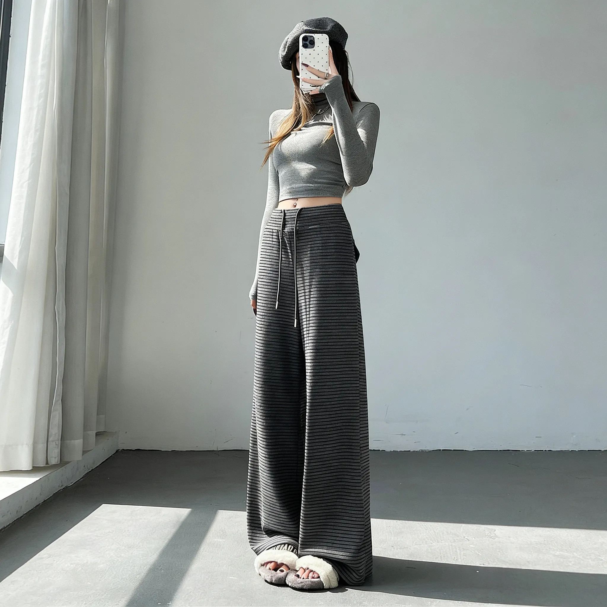 糯米垂感高腰慵懒显瘦條紋闊腿褲