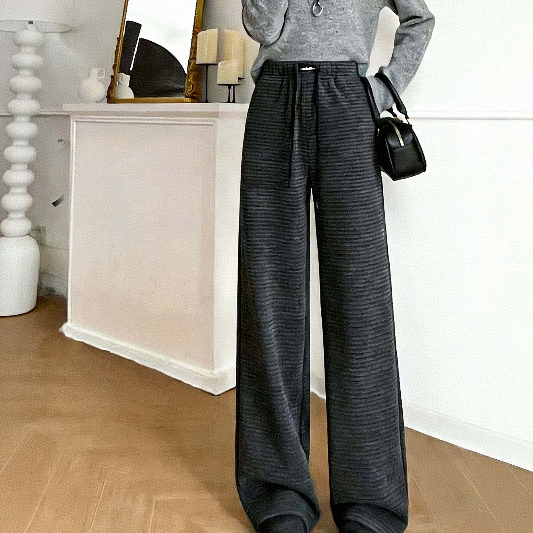 糯米垂感高腰慵懒显瘦條紋闊腿褲