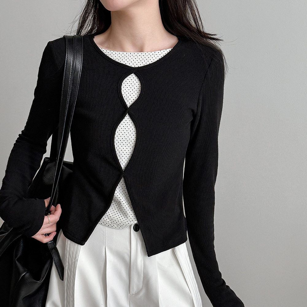 韓系設計感波點拼接鏤空假兩件修身顯瘦長袖T恤