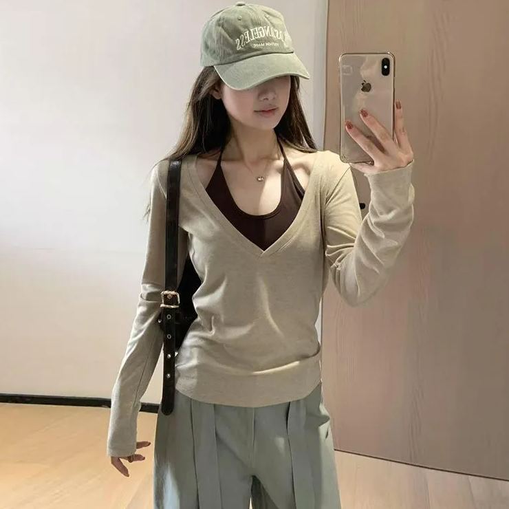 疊穿美式辣妹修身長袖罩衫+掛脖背心真兩件長袖