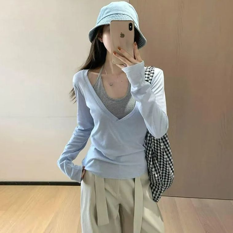 疊穿美式辣妹修身長袖罩衫+掛脖背心真兩件長袖