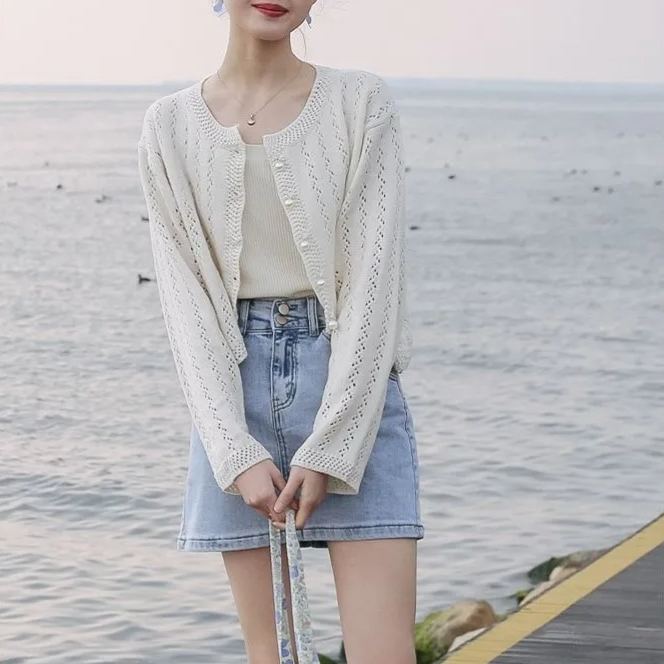 溫柔休閒百搭薄款鏤空針織開衫