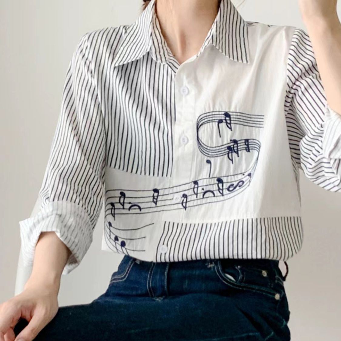 韓版寬鬆刺繡拼接設計感小眾休閒襯衫