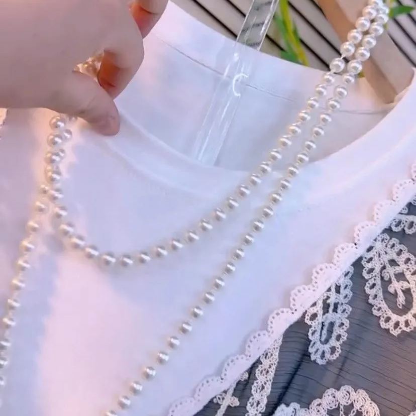 高級感假兩件鉤花鏤空寬鬆洋氣短袖T恤