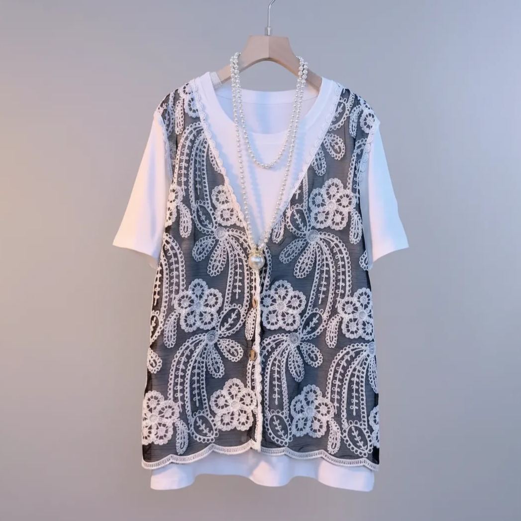 高級感假兩件鉤花鏤空寬鬆洋氣短袖T恤