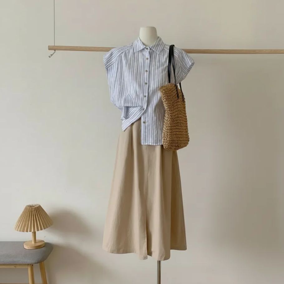 【單件/套裝】時尚通勤休閒減齡polo領條紋短袖襯衫+高腰半身裙兩件套裝