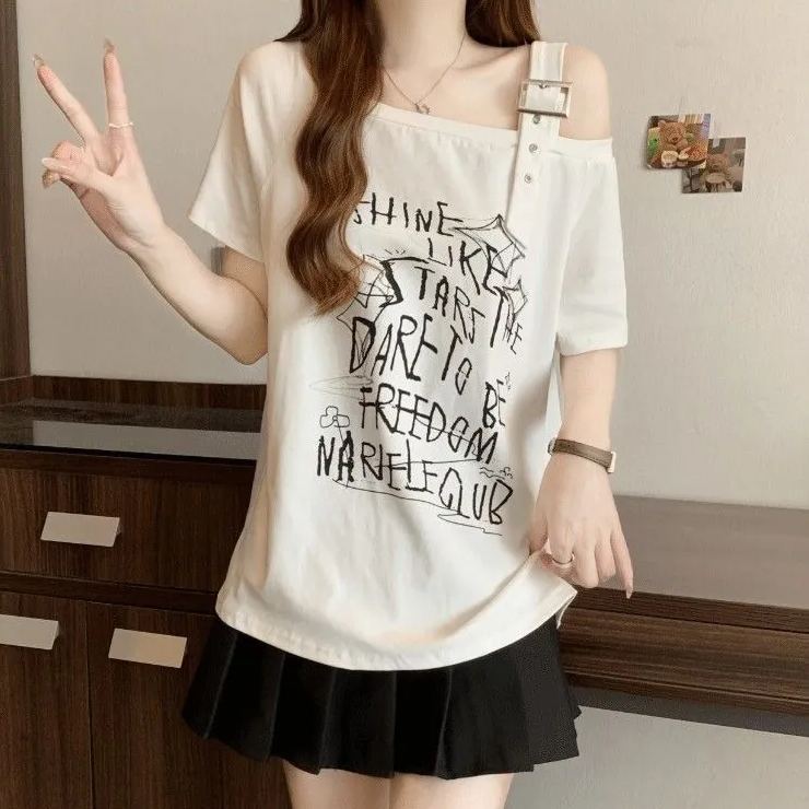 露肩設計韓版字母塗鴉印花斜肩短袖T恤