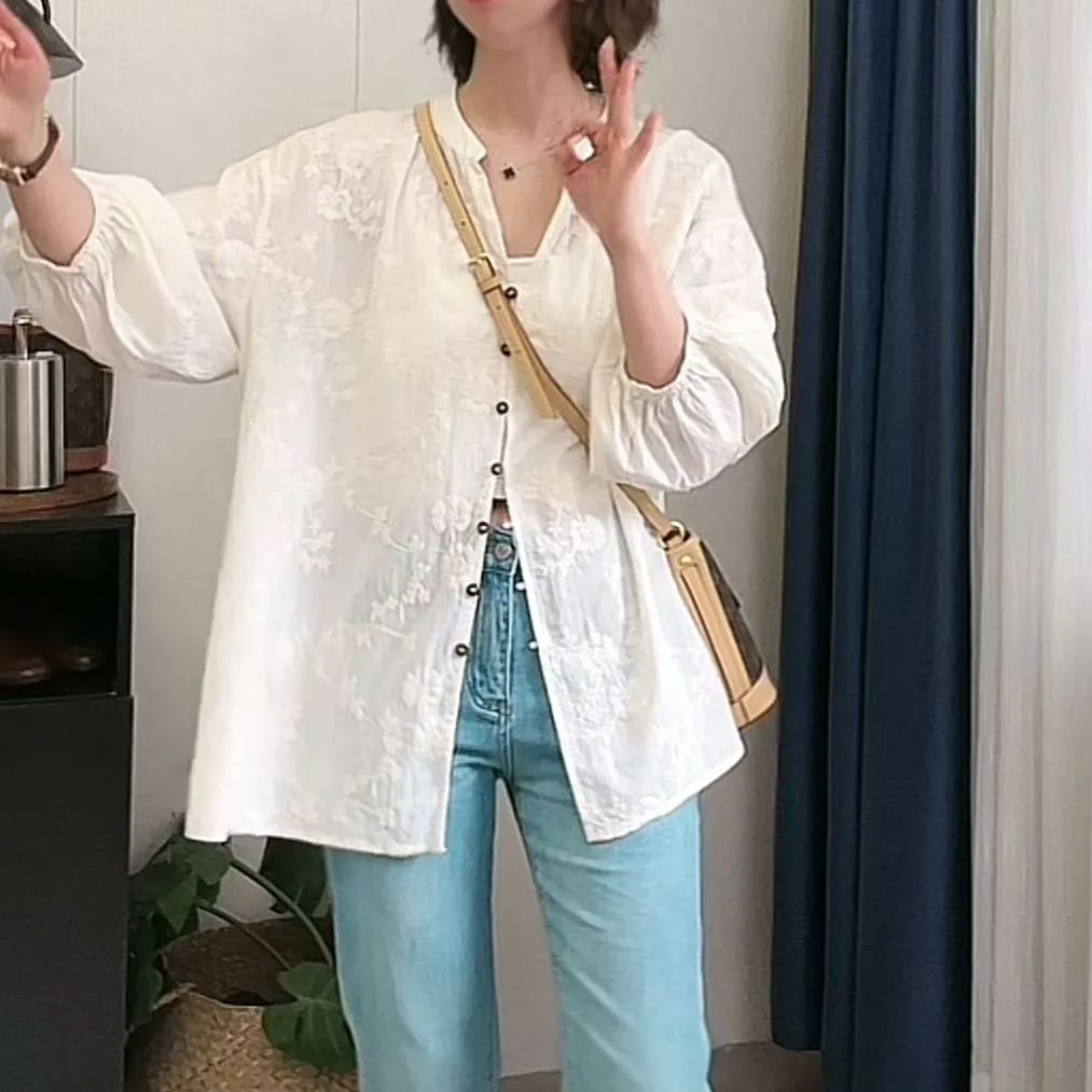 提花刺繡棉質百搭防曬寬鬆七分袖中長款開衫襯衫