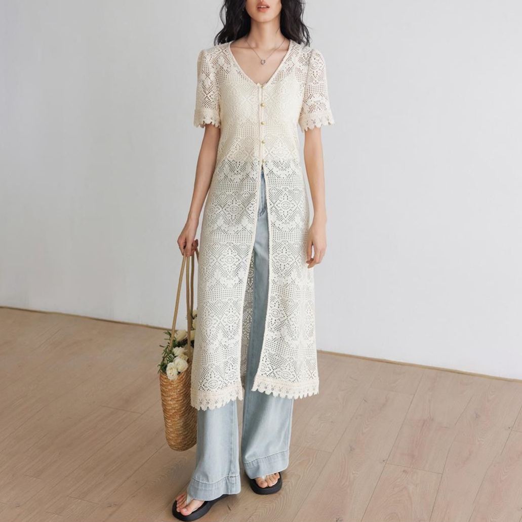 防曬衣長版短袖鏤空設計感法式針織開衫