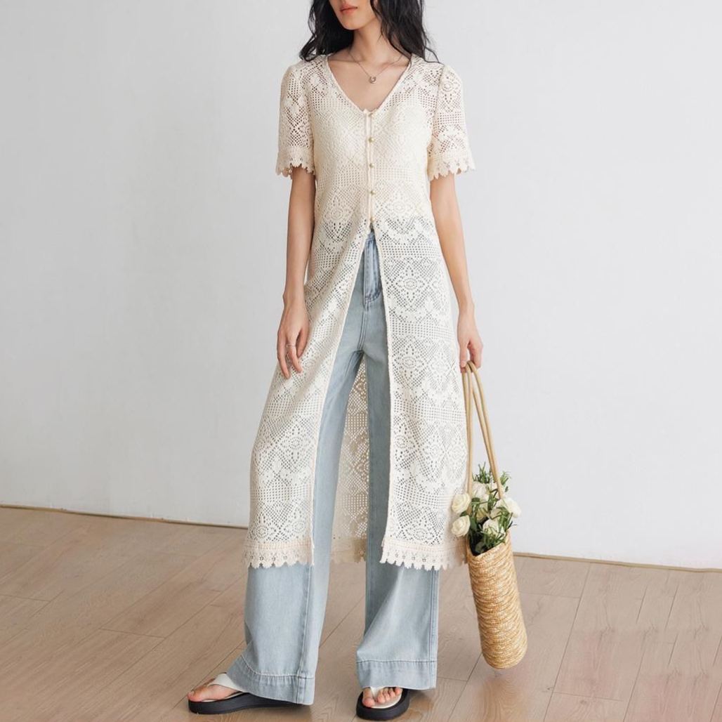 防曬衣長版短袖鏤空設計感法式針織開衫