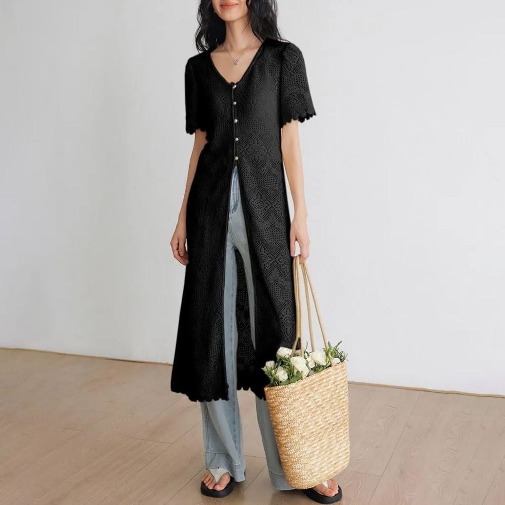 防曬衣長版短袖鏤空設計感法式針織開衫