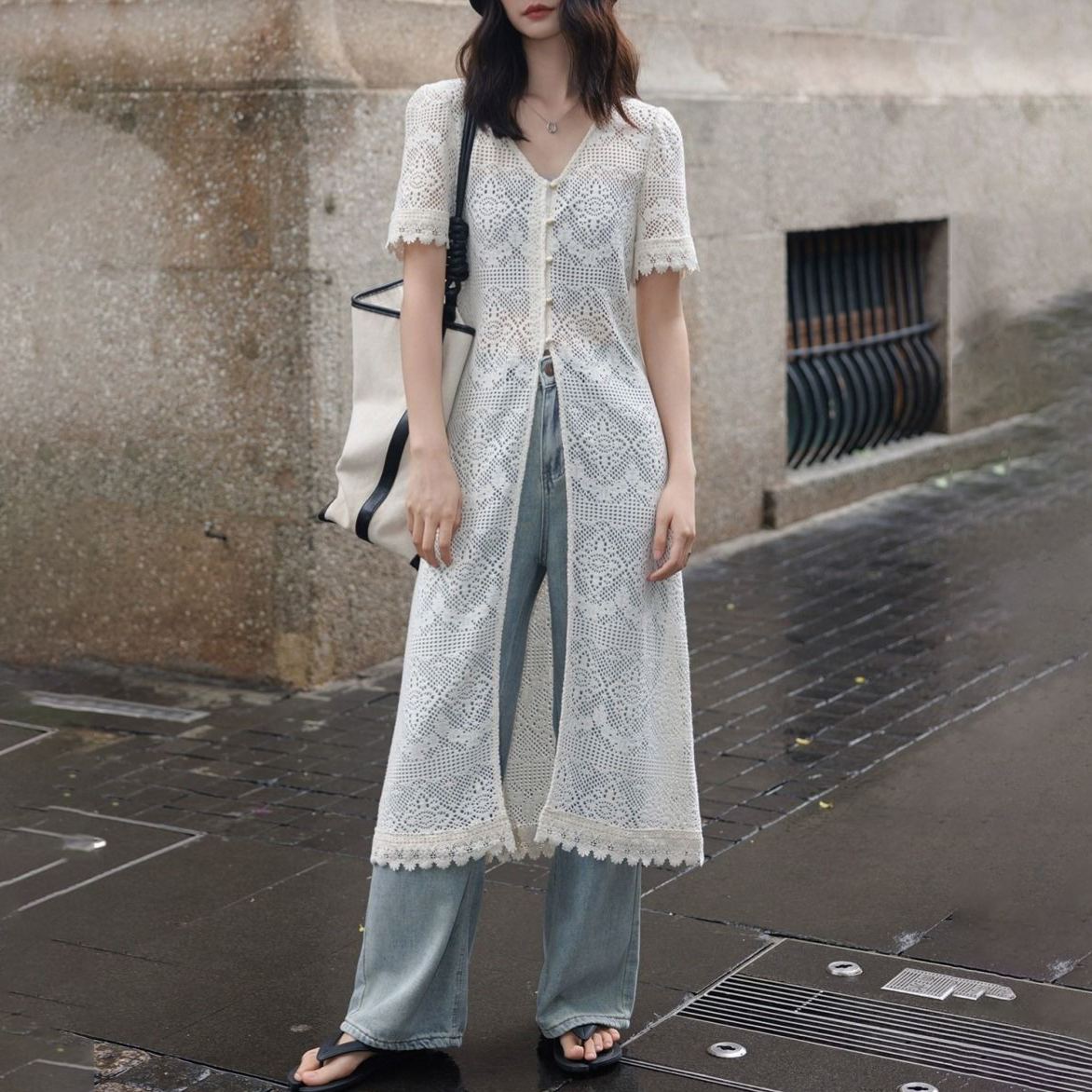 防曬衣長版短袖鏤空設計感法式針織開衫