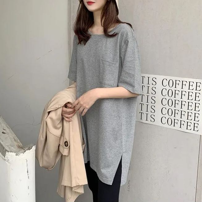 港風純棉寬鬆圓領開叉遮臀中長版短袖T恤