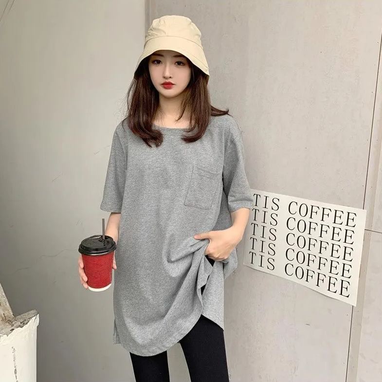 港風純棉寬鬆圓領開叉遮臀中長版短袖T恤