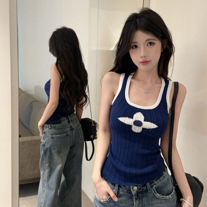 美式辣妹涼感撞色印花顯瘦針織吊帶背心