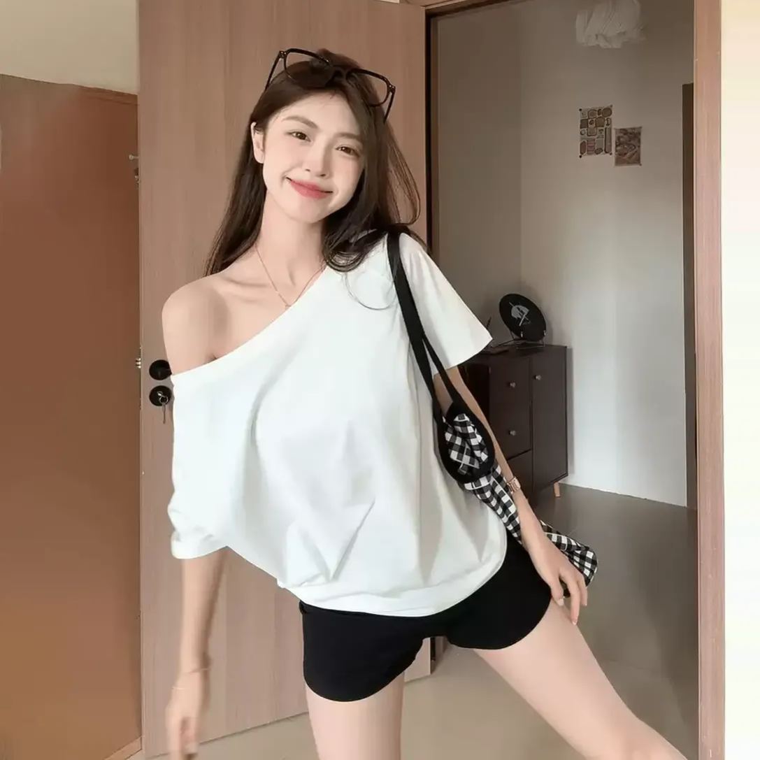 斜領露肩寬鬆遮肉顯瘦甜辣妹設計感短袖T恤