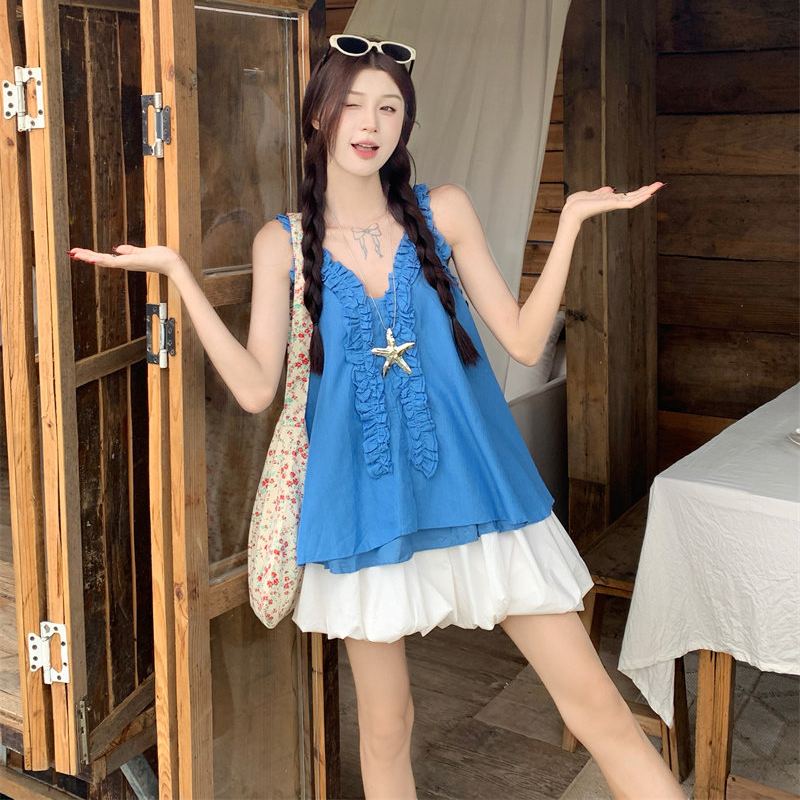 V領甜美設計感拼接木耳邊洋氣吊帶襯衫