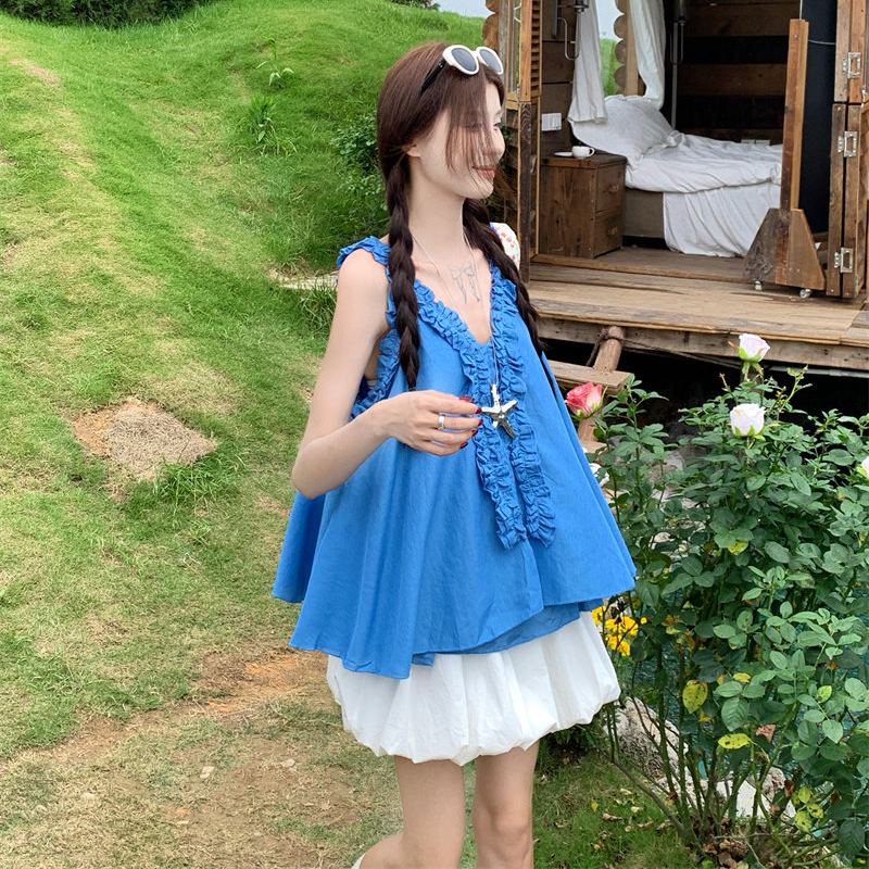 V領甜美設計感拼接木耳邊洋氣吊帶襯衫