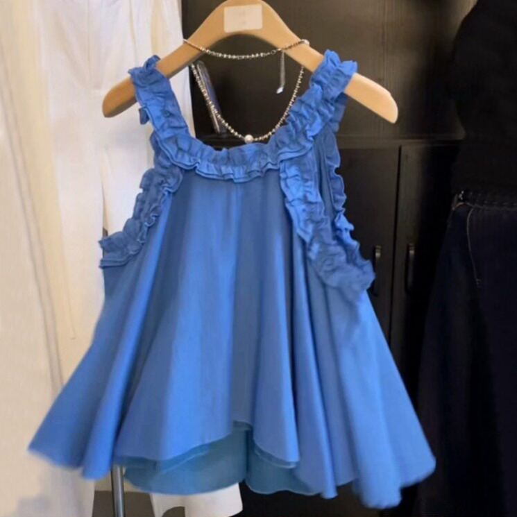 V領甜美設計感拼接木耳邊洋氣吊帶襯衫