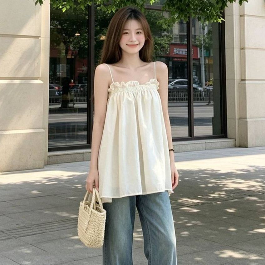 復古木耳邊洋氣百搭寬鬆抹胸吊帶背心