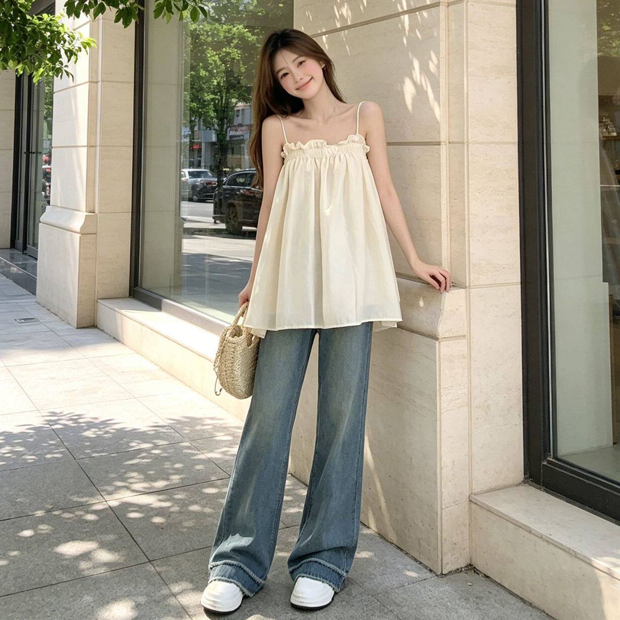 復古木耳邊洋氣百搭寬鬆抹胸吊帶背心