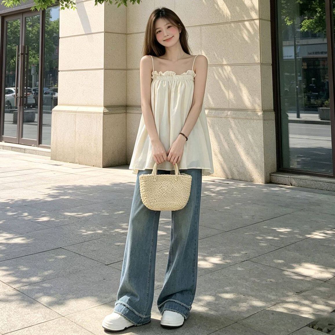 復古木耳邊洋氣百搭寬鬆抹胸吊帶背心