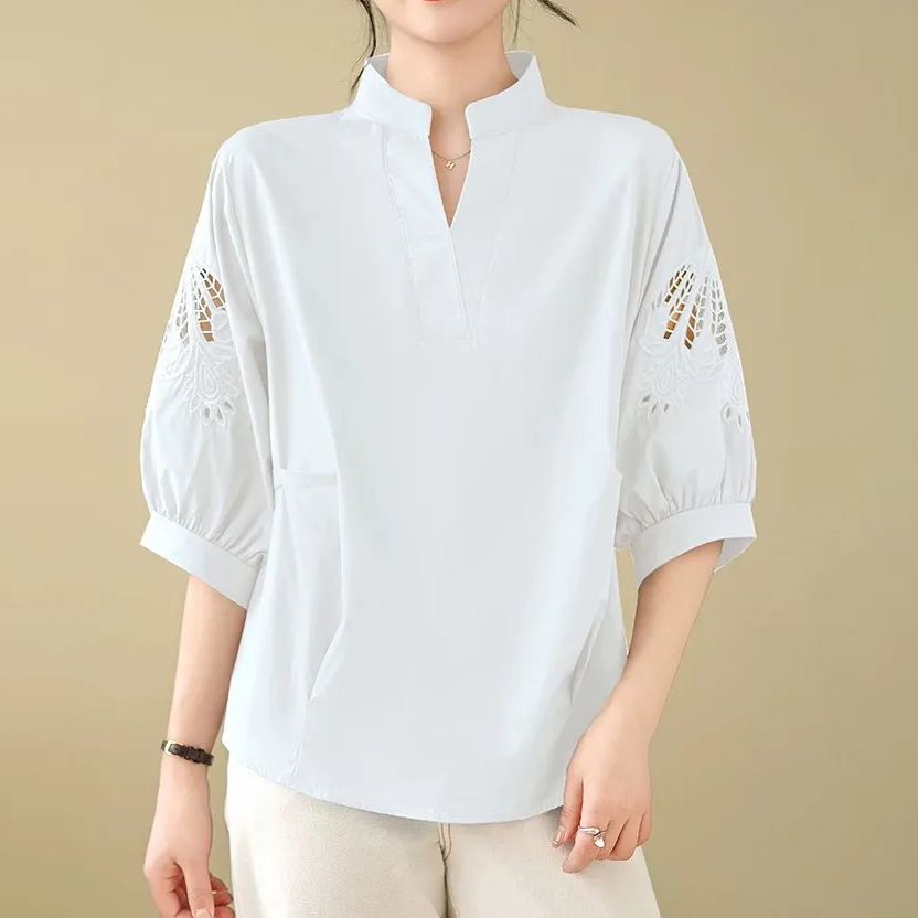 氣質V領休閒顯瘦百搭鏤空設計感中袖襯衫