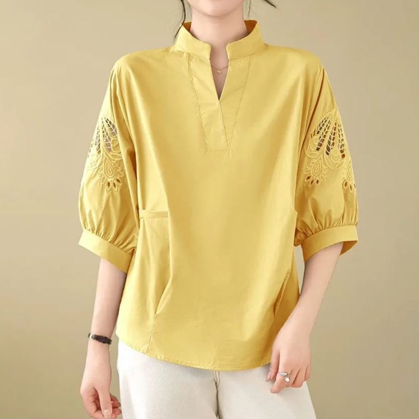 氣質V領休閒顯瘦百搭鏤空設計感中袖襯衫