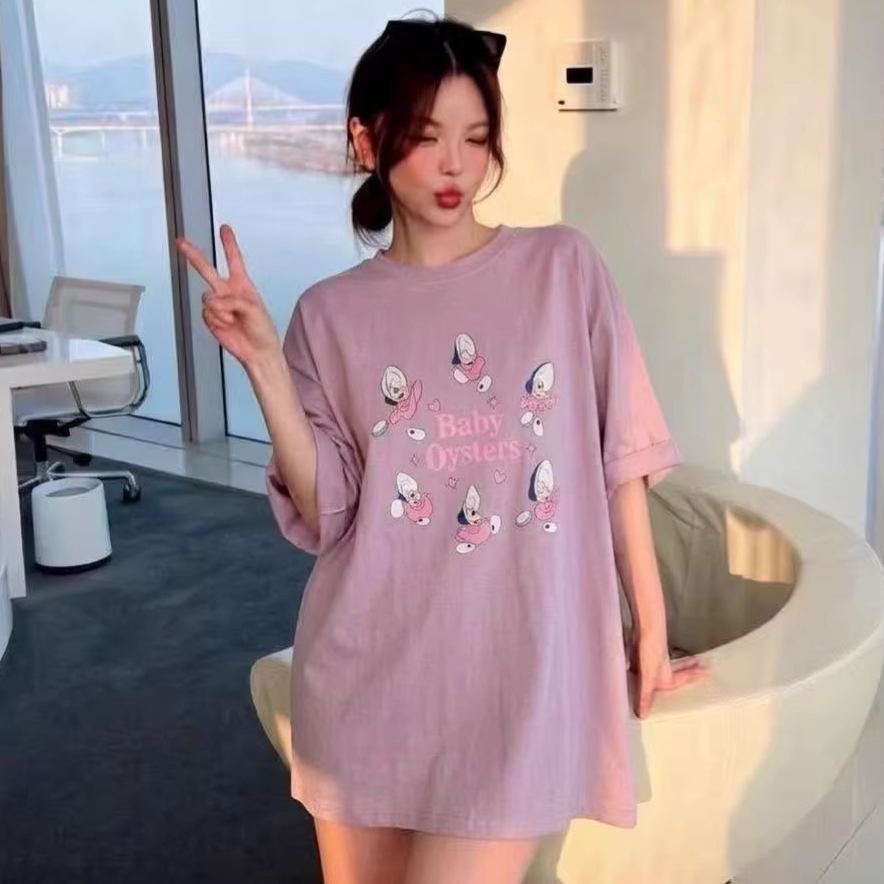 新款寬鬆圓領卡通牡蠣寶寶印花短袖T恤