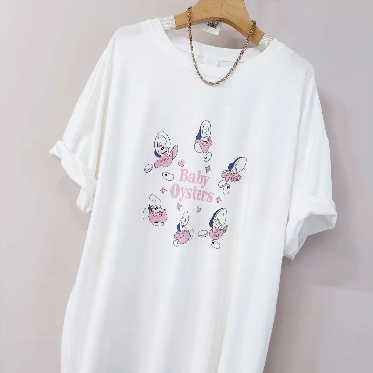 新款寬鬆圓領卡通牡蠣寶寶印花短袖T恤