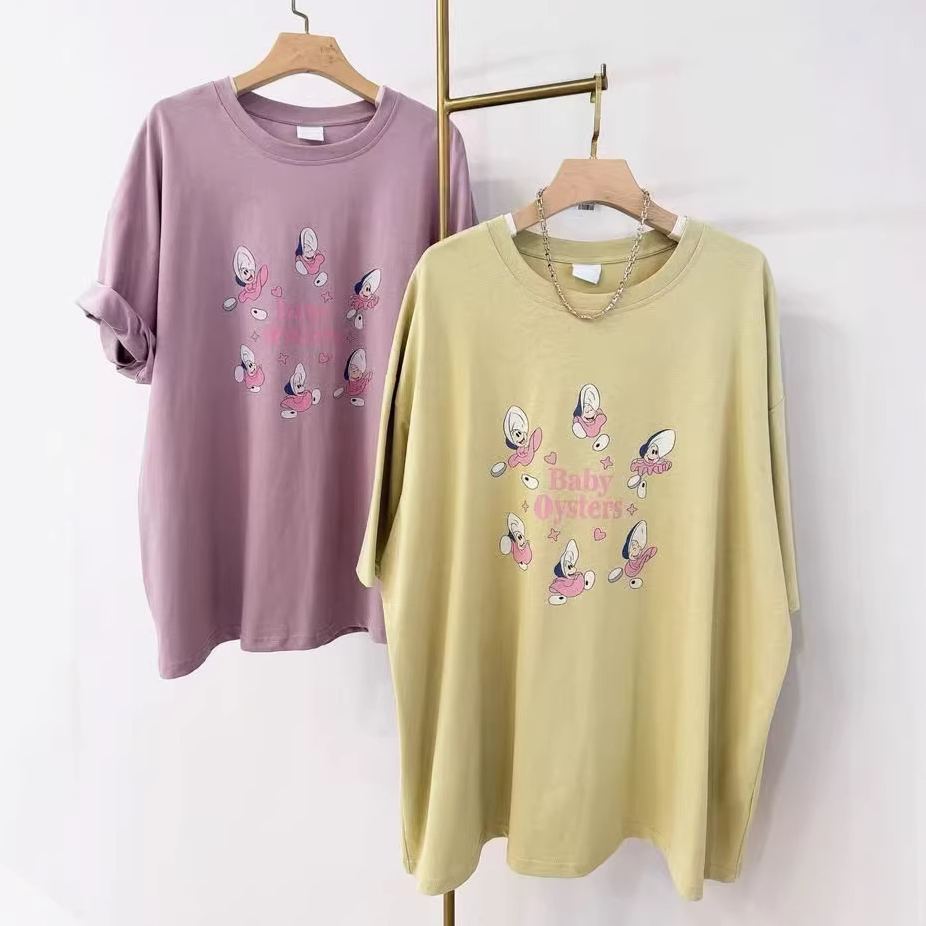 新款寬鬆圓領卡通牡蠣寶寶印花短袖T恤