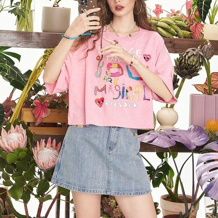 設計感寬鬆休閒短版塗鴉印花短袖T恤