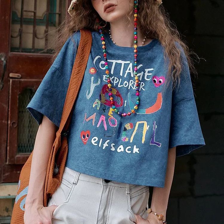 設計感寬鬆休閒短版塗鴉印花短袖T恤