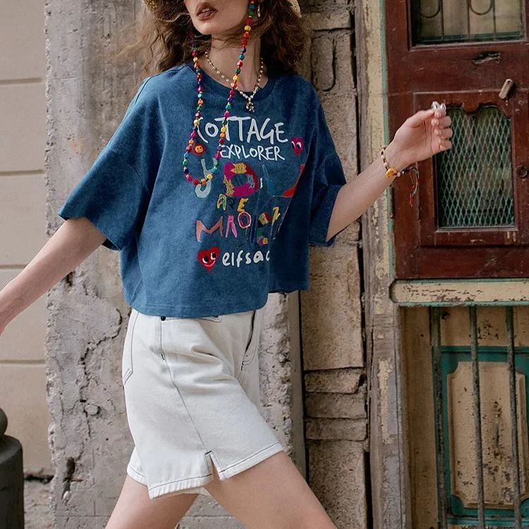 設計感寬鬆休閒短版塗鴉印花短袖T恤