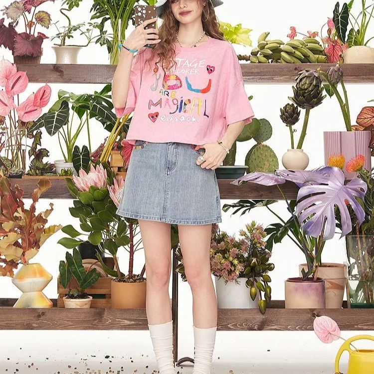 設計感寬鬆休閒短版塗鴉印花短袖T恤