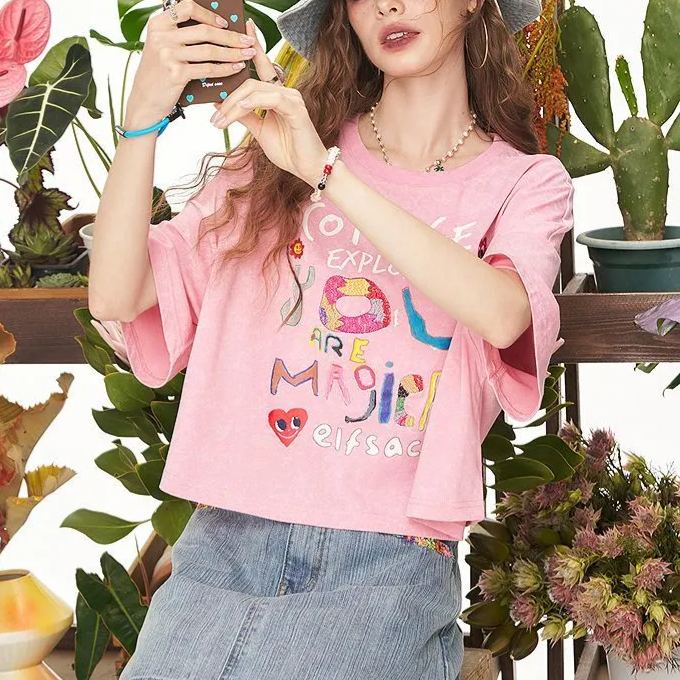 設計感寬鬆休閒短版塗鴉印花短袖T恤