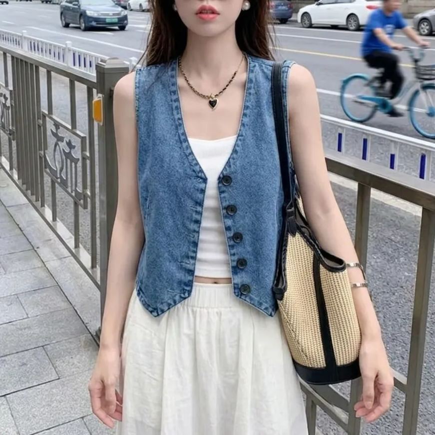 高品質薄款洋氣無袖牛仔小馬夾