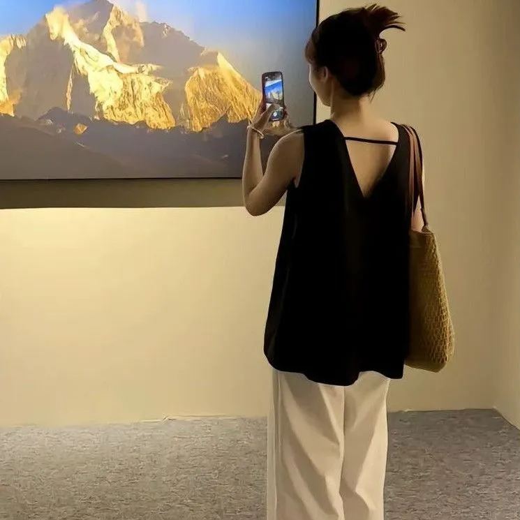 法式小眾後背鏤空設計感寬鬆慵懶風無袖娃娃衫