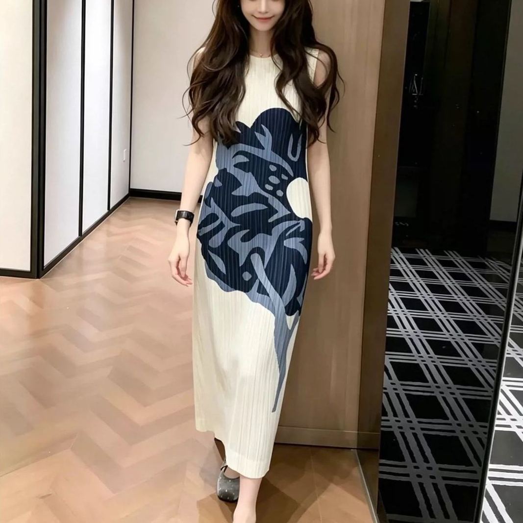 三宅印花修身設計無袖中長版圓領褶皺氣質洋裝 商品圖 5