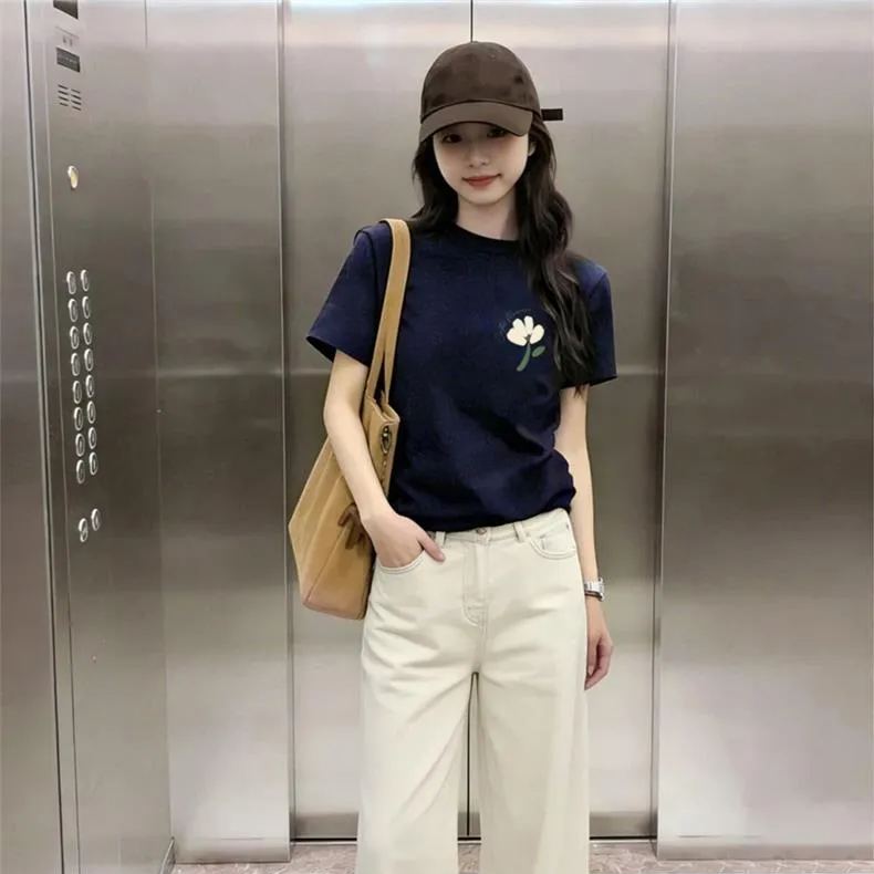 棉質｜純棉正肩減齡印花圓領修身顯瘦短袖t恤