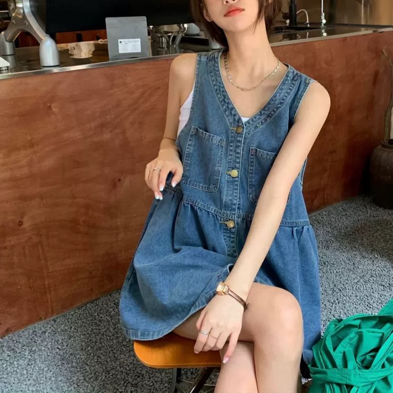 韓版寬鬆小個子休閒無袖牛仔連身裙