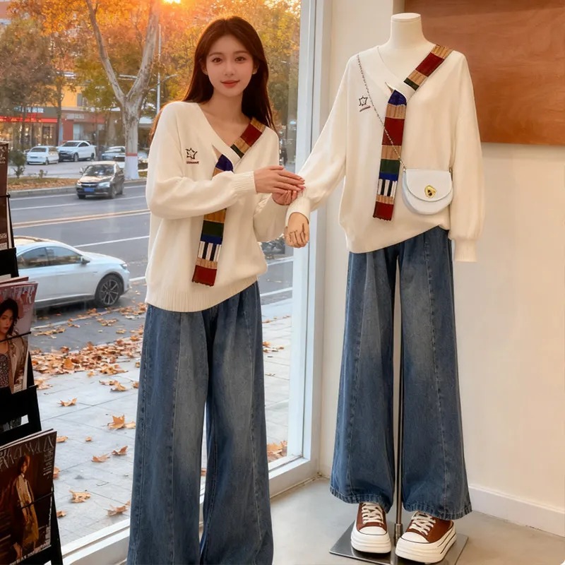 【單件/套裝】韓版設計感拼接長袖上衣+高腰顯瘦闊腿牛仔褲兩件套